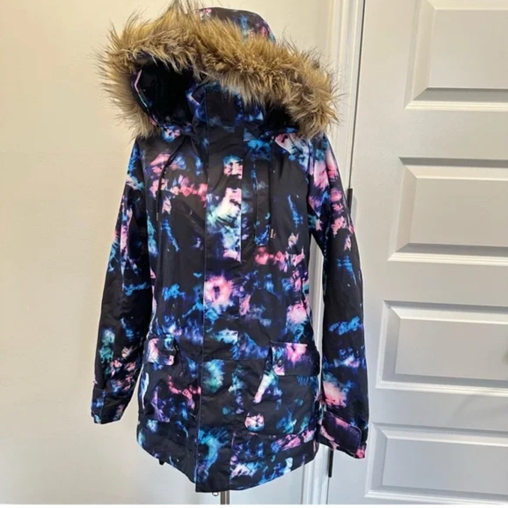 Burton Colorful Tie-Dye Hooded Jacket with Faux Fur Trim